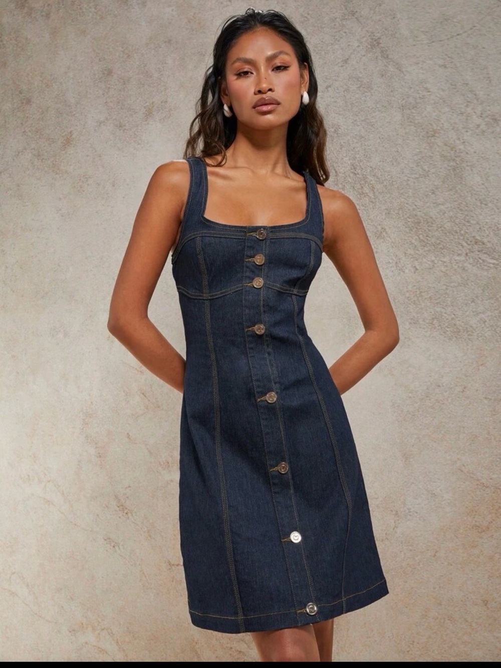 Dark Wash Denim Button-Front Sheath Dress